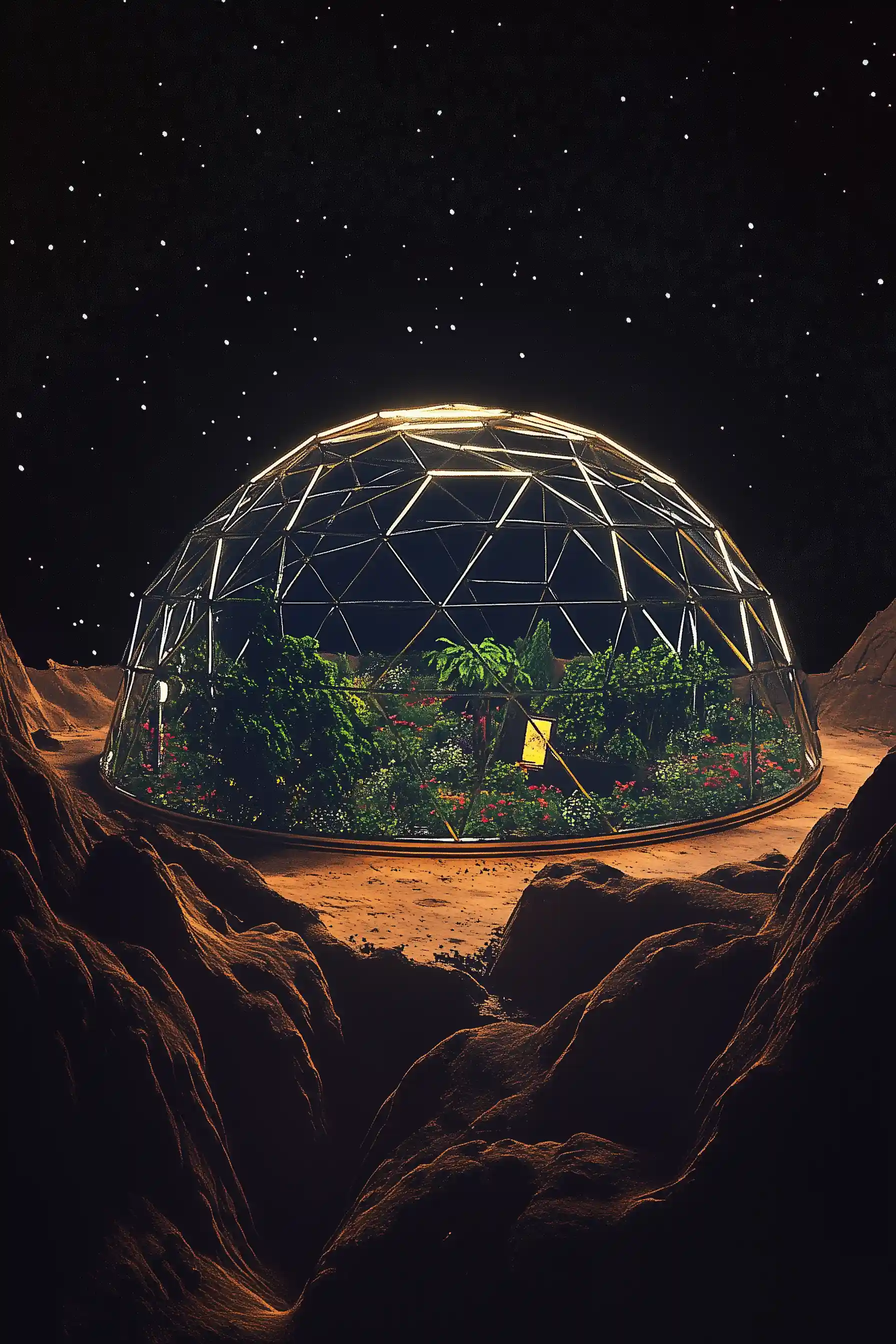 garden in a dome on a martian hill at night