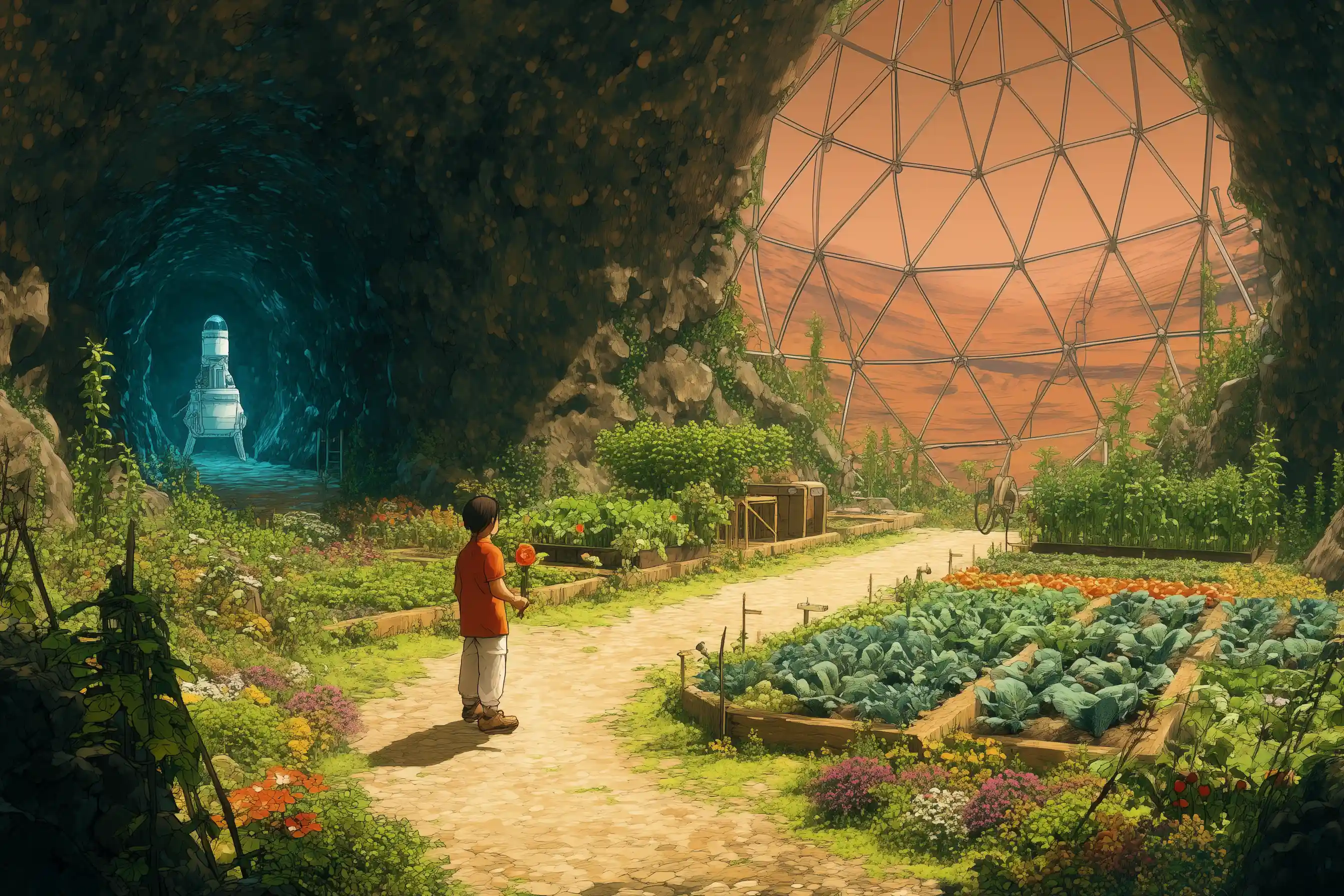 mars anime style garden in a partly cave with boy