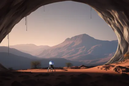mars robot in a cave with plants