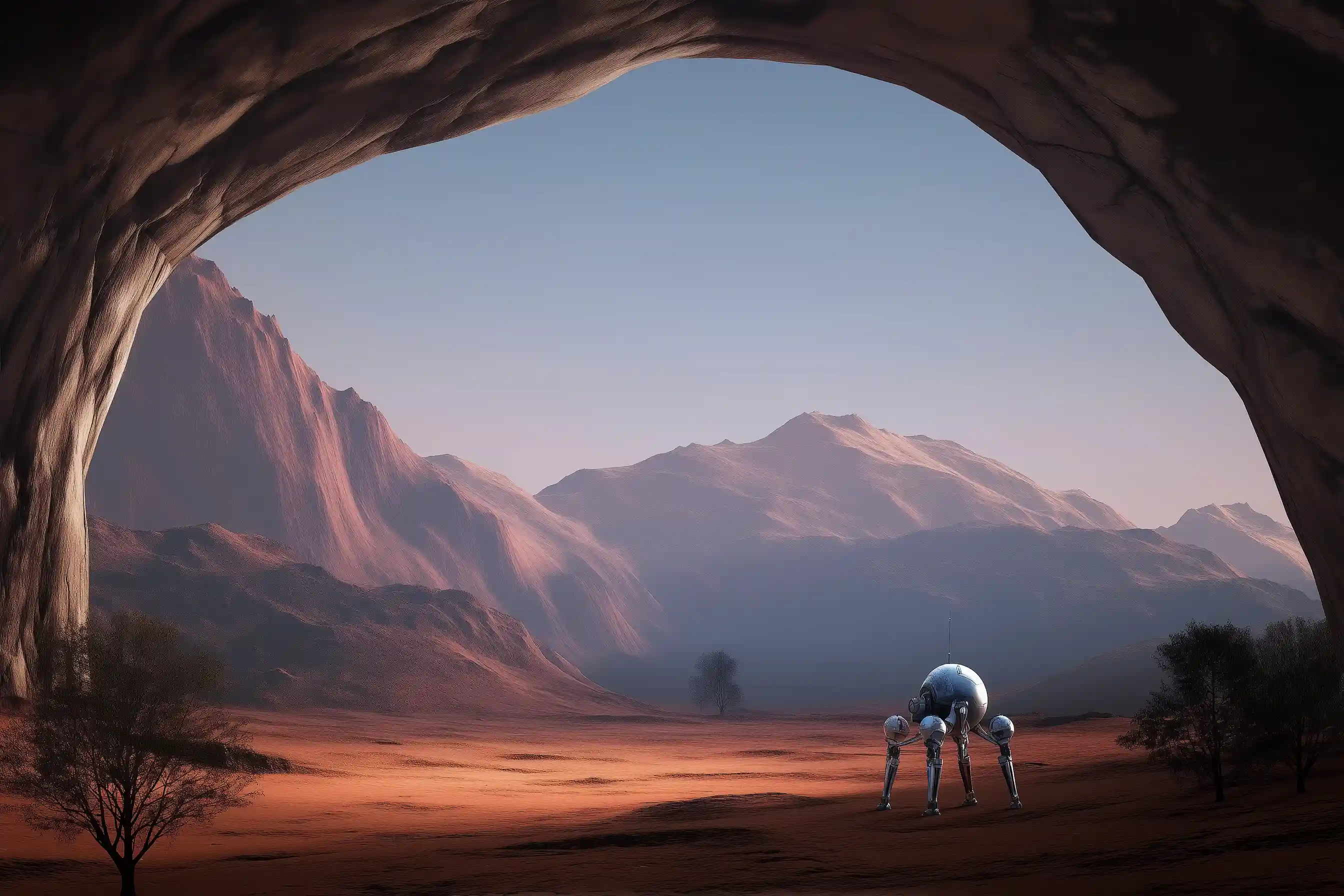 mars robot in a valley with plants