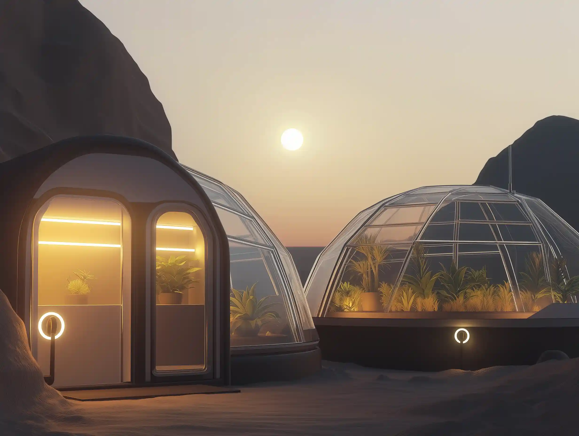 mars small greenhouses sunrise